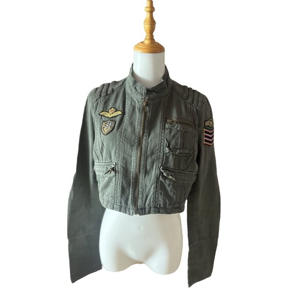 Military Jacket Sz Large Crop Army Green Utility 100% Cotton Zip Pockets Patches - Picture 1 of 15